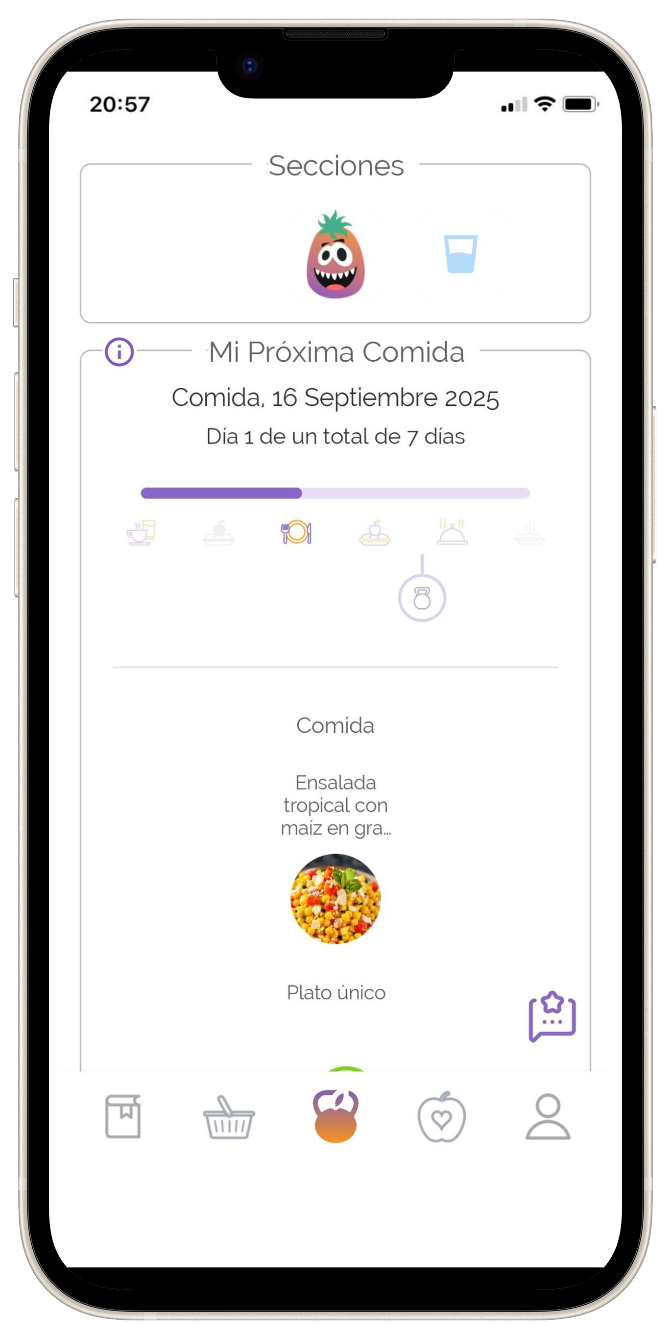 Pantalla de la app Karu con un plan nutricional semanal