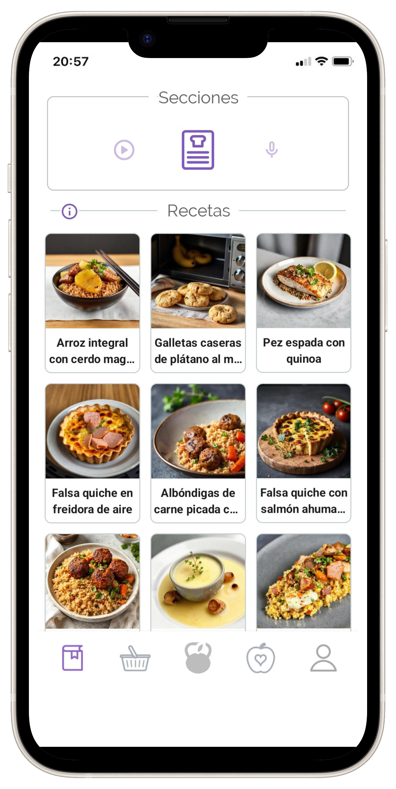 Pantalla de la app Karu con recetas personalizadas